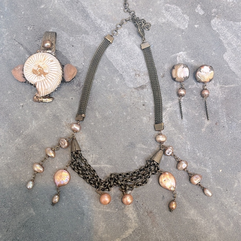 JAN MICHAELS SAN FRANCISCO Freshwater Pearl Shell Vintage necklace Set Retired - Picture 3 of 10